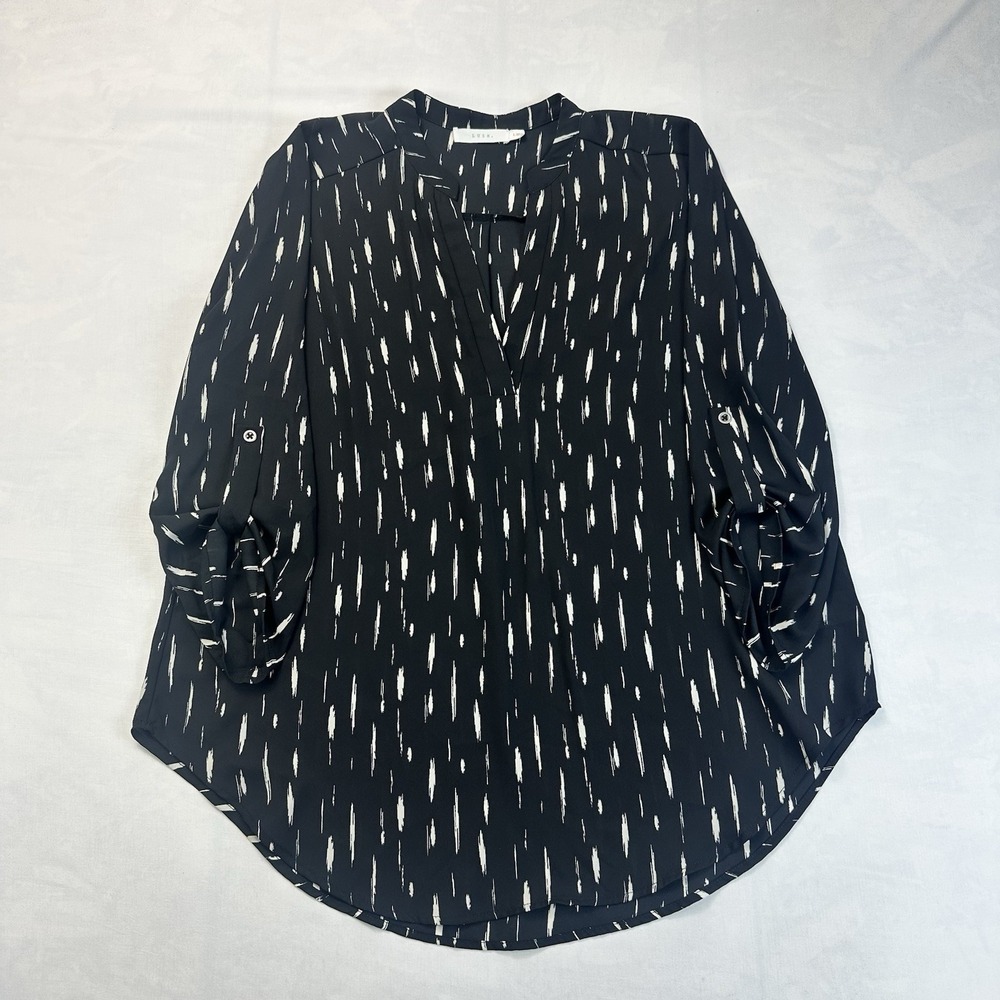 Lush Women's Large Black White Abstract Print Roll Tab Sleeve Tunic Blouse
